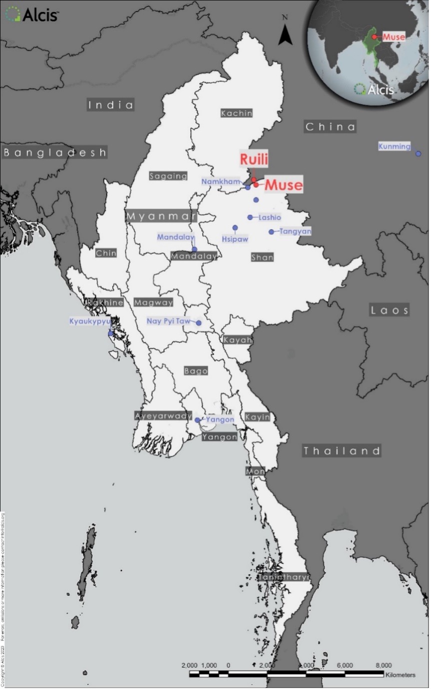 Le città di confine Muse e Ruili sul confine tra Myanmar e Cina. 